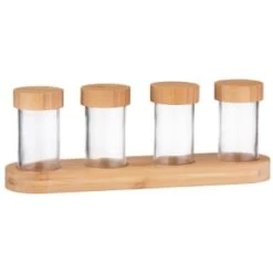 B&M Set Of 4 Glass Spice Jars With Bamboo Wood Base