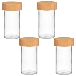 B&M Set Of 4 Glass Spice Jars With Bamboo Wood Base -Home Style Shop 394437 set of 4 glass spice jars with bamboo wood lid and base group